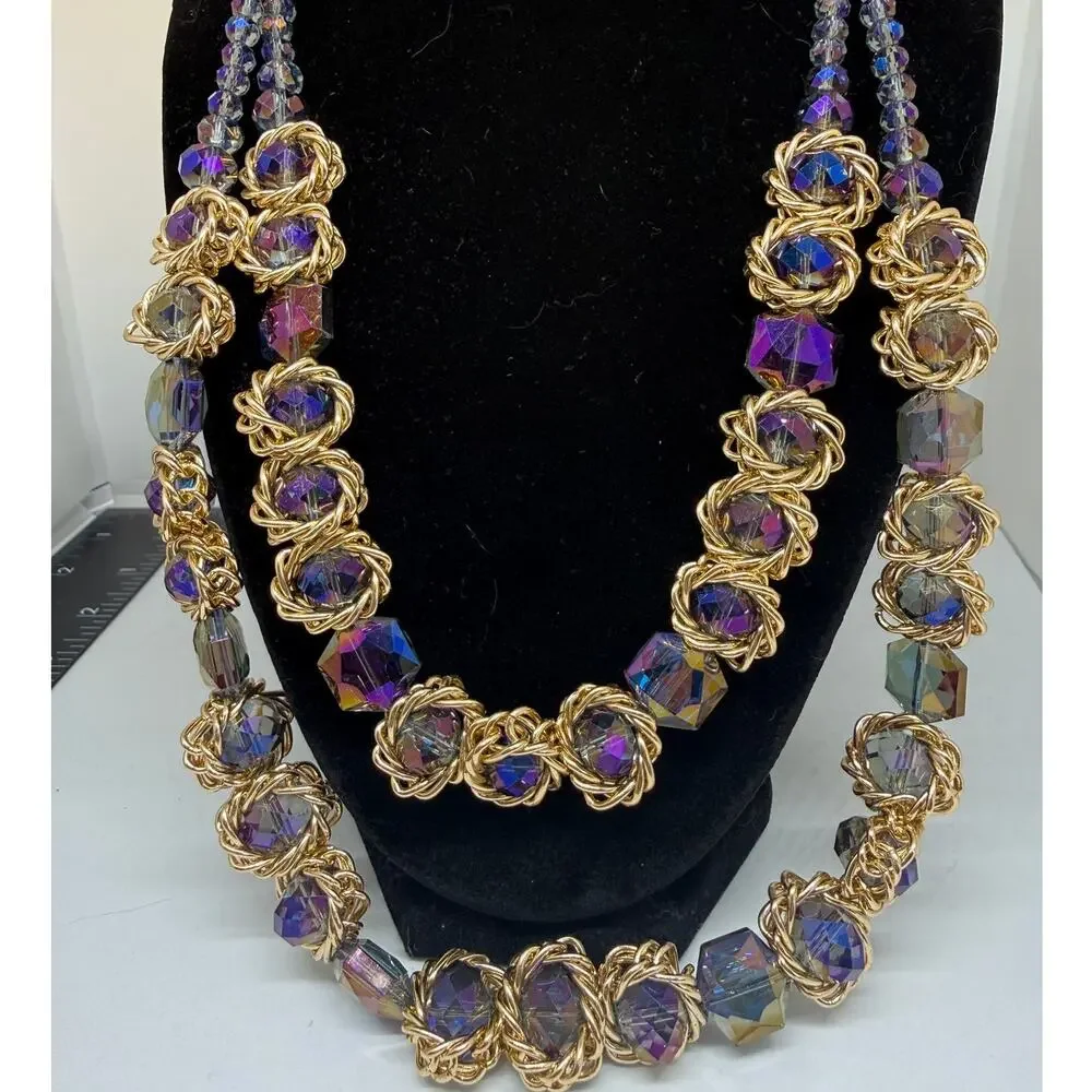 Purple Iridescent Statement Necklace Gold Tone Double Strand Faceted Glass Beads